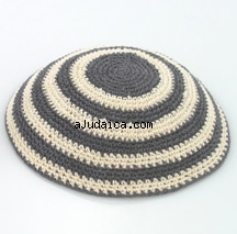 Knitted Kippah with Gray and Beige Stripes by aJudaica